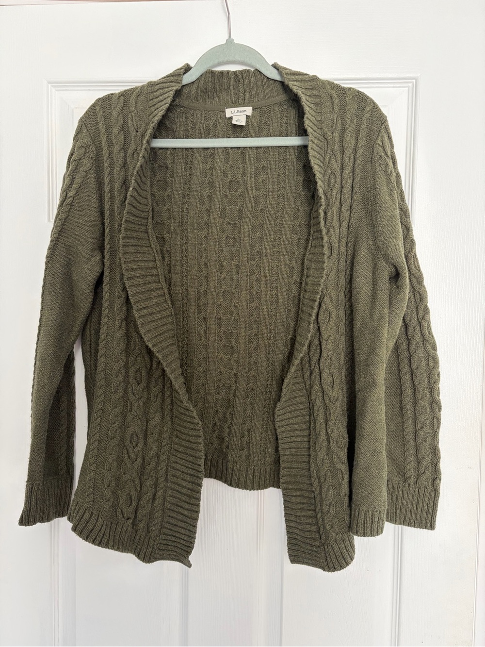 L.L. Bean Olive Green Cable Knit Open Cardigan Sweater